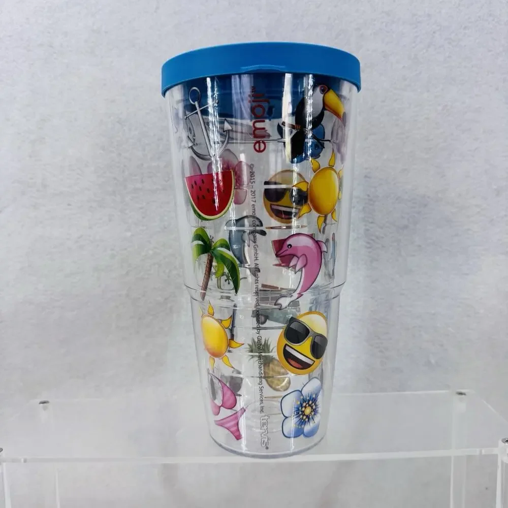 EUC HTF Tervis Emoji 24oz Tumbler With Blue Lid Summer Beach Island Vibes